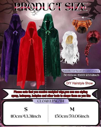 6 Pcs Halloween Witch Costumes Cosplay Hooded Cloak Cape and Wigs Sisters Halloween Family Team Costumes in Saudi Arabia