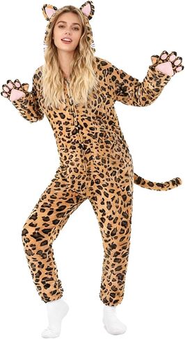 Cheetah Onesie Cat Costume for Women Halloween Fleece Leopard Costumes Animals Cosplay Dress Up in Kuwait