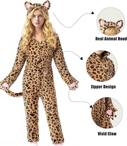Cheetah Onesie Cat Costume for Women Halloween Fleece Leopard Costumes Animals Cosplay Dress Up in Kuwait