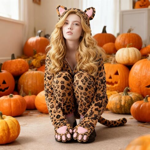 Cheetah Onesie Cat Costume for Women Halloween Fleece Leopard Costumes Animals Cosplay Dress Up in Kuwait