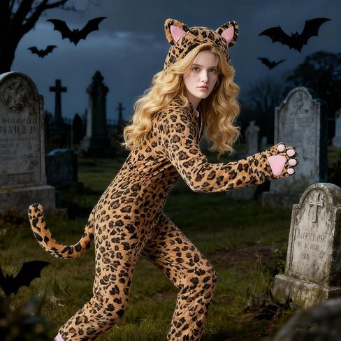Cheetah Onesie Cat Costume for Women Halloween Fleece Leopard Costumes Animals Cosplay Dress Up in Kuwait