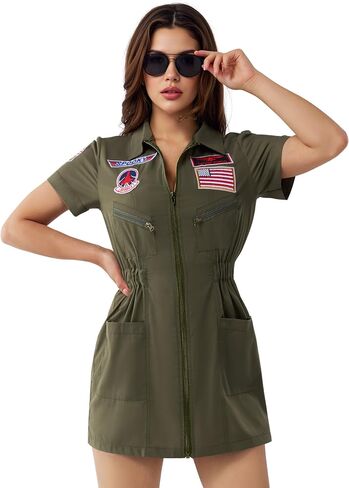 Spooktacular Creations Fighter Pilot Costume Women, Womens Halloween Costumes 2025, Green Pilot Suit Air Force Dress for Cos in Saudi Arabia