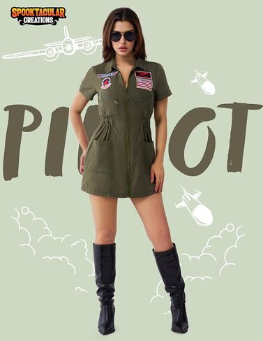 Spooktacular Creations Fighter Pilot Costume Women, Womens Halloween Costumes 2025, Green Pilot Suit Air Force Dress for Cos in Saudi Arabia