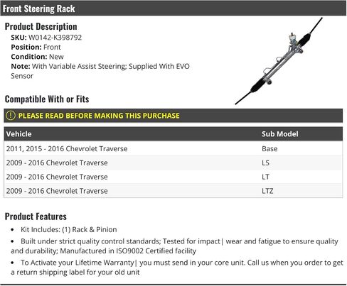 Front Power Steering Rack and Pinion Assembly - Compatible with 2009-2016 Chevy Traverse with Variable Assist Steering in Saudi Arabia