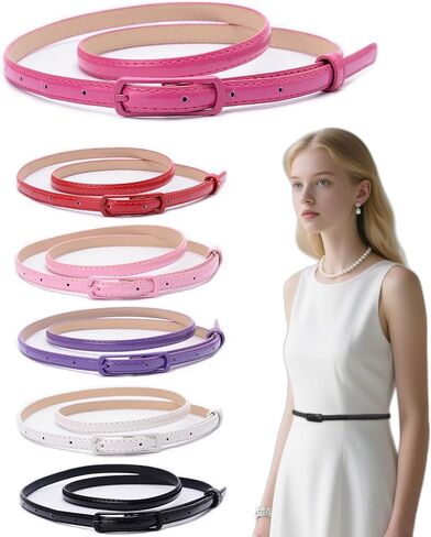 Women Skinny Belts 6 Pack, PU Leather Thin Waist Belts for Dresses, Jeans, Pants with Buckle, Fashion Slim Leather for outfit in Saudi Arabia