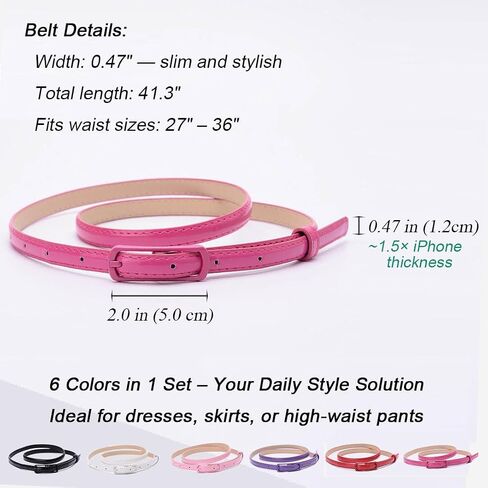 Women Skinny Belts 6 Pack, PU Leather Thin Waist Belts for Dresses, Jeans, Pants with Buckle, Fashion Slim Leather for outfit in Saudi Arabia