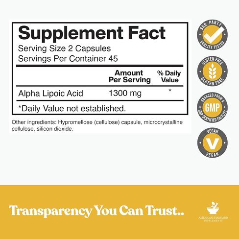 American Standard Supplements Alpha Lipoic Acid 1300mg Per Serving - Vegan, Gluten Free, Non-GMO, 60 Capsules, 30 Servings in Saudi Arabia