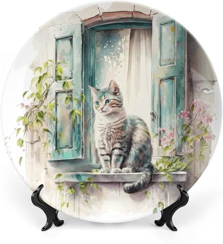 Decorative Plates, Cat on The Window Spring Painting Ceramic Dinner Plate Home Wobble-Plate with Display Stand, Wall Hanging Decor for Living Dining Room Kitchen Household 6 Inch in Kuwait