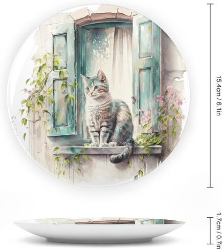 Decorative Plates, Cat on The Window Spring Painting Ceramic Dinner Plate Home Wobble-Plate with Display Stand, Wall Hanging Decor for Living Dining Room Kitchen Household 6 Inch in Kuwait