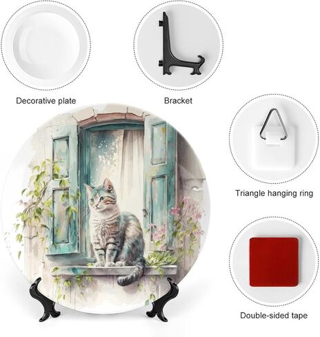 Decorative Plates, Cat on The Window Spring Painting Ceramic Dinner Plate Home Wobble-Plate with Display Stand, Wall Hanging Decor for Living Dining Room Kitchen Household 6 Inch in Kuwait