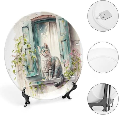 Decorative Plates, Cat on The Window Spring Painting Ceramic Dinner Plate Home Wobble-Plate with Display Stand, Wall Hanging Decor for Living Dining Room Kitchen Household 6 Inch in Kuwait