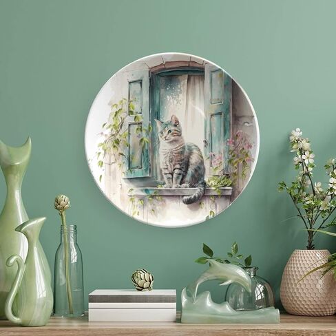 Decorative Plates, Cat on The Window Spring Painting Ceramic Dinner Plate Home Wobble-Plate with Display Stand, Wall Hanging Decor for Living Dining Room Kitchen Household 6 Inch in Kuwait