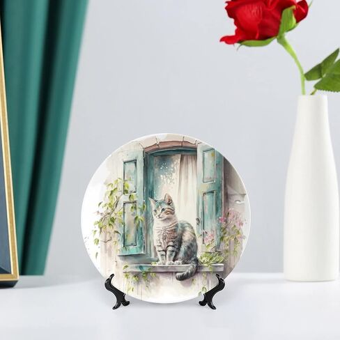 Decorative Plates, Cat on The Window Spring Painting Ceramic Dinner Plate Home Wobble-Plate with Display Stand, Wall Hanging Decor for Living Dining Room Kitchen Household 6 Inch in Kuwait