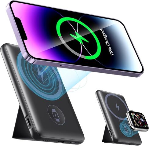 شاحن محمول لاسلكي مغناطيسي مع شاحن ساعة Apple، بنك طاقة صغير 5000 مللي أمبير PD 20 وات شحن سريع من النوع C، حزمة بطارية Mag-Safe متوافقة مع iPhone 15/14/13/12 وسلسلة iWatch in Kuwait