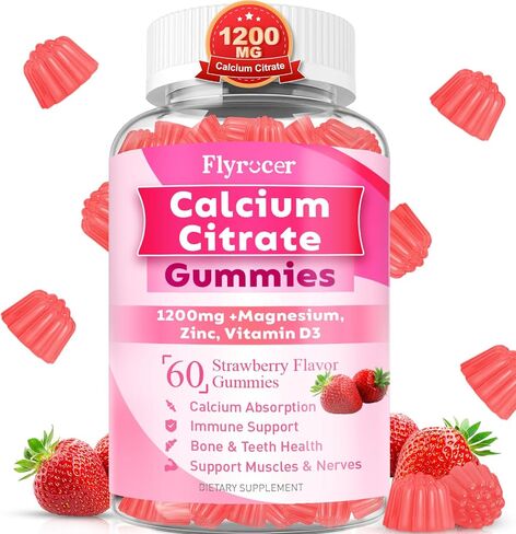 1200mg Calcium Citrate Gummies - Chewable Calcium Gummies for Bone, Muscle, Teeth, Immune Support, High Absorption Calcium Supplements for Women & Men Sugar Free Strawberry Flavor 60 Count in Saudi Arabia