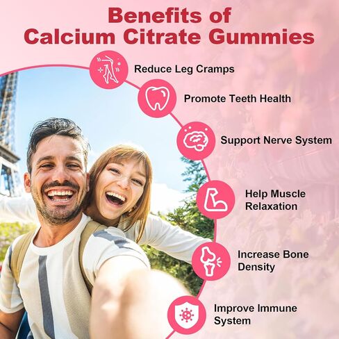 1200mg Calcium Citrate Gummies - Chewable Calcium Gummies for Bone, Muscle, Teeth, Immune Support, High Absorption Calcium Supplements for Women & Men Sugar Free Strawberry Flavor 60 Count in Saudi Arabia