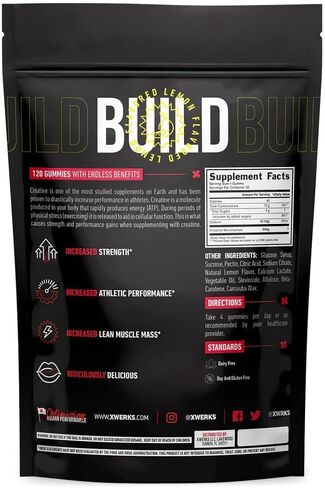 Xwerks Build Creatine Monohydrate Gummies for Men & Women (120 Count) 100% Pure Creatine - Lemon Flavored Creatine Gummies (4g Creatine Per Serving) Pre Workout Gummies (5,000mg) in Saudi Arabia