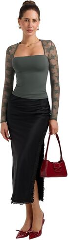 قمصان PINKMSTYLE النسائية المثيرة ذات الرقبة المربعة والدانتيل وأكمام طويلة بقصة ضيقة وبطانة مزدوجة عصرية Y2K قمصان الخريف للخروج in Saudi Arabia