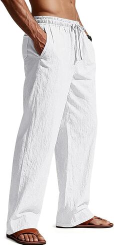 Men's Casual Linen Pants Loose Fit Drawstring Waist Lightweight Men Linen Summer Beach Long Pants Yoga in Saudi Arabia