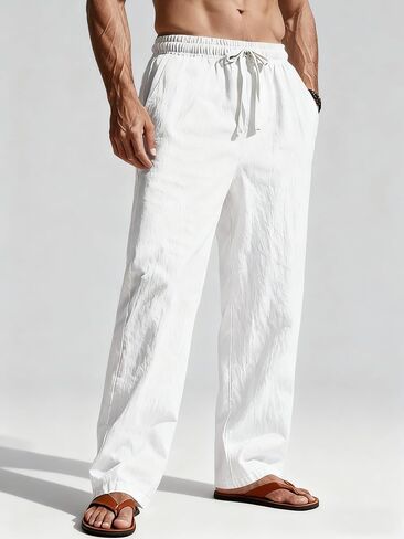 Men's Casual Linen Pants Loose Fit Drawstring Waist Lightweight Men Linen Summer Beach Long Pants Yoga in Saudi Arabia