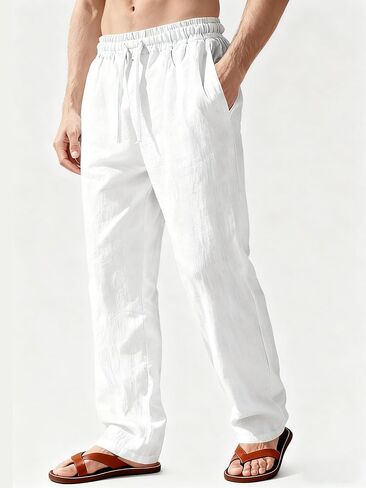 Men's Casual Linen Pants Loose Fit Drawstring Waist Lightweight Men Linen Summer Beach Long Pants Yoga in Saudi Arabia