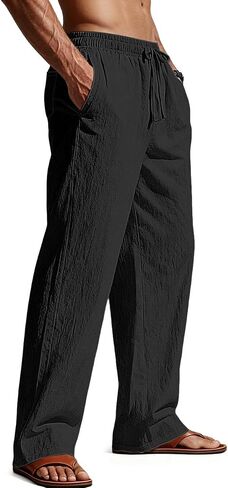 Men's Casual Linen Pants Loose Fit Drawstring Waist Lightweight Men Linen Summer Beach Long Pants Yoga in Saudi Arabia