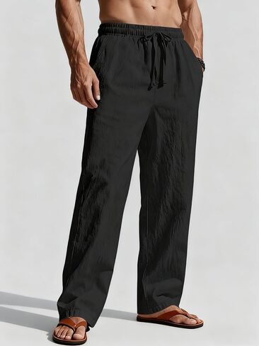 Men's Casual Linen Pants Loose Fit Drawstring Waist Lightweight Men Linen Summer Beach Long Pants Yoga in Saudi Arabia