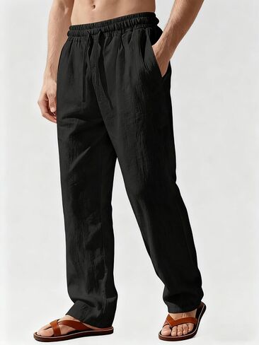 Men's Casual Linen Pants Loose Fit Drawstring Waist Lightweight Men Linen Summer Beach Long Pants Yoga in Saudi Arabia