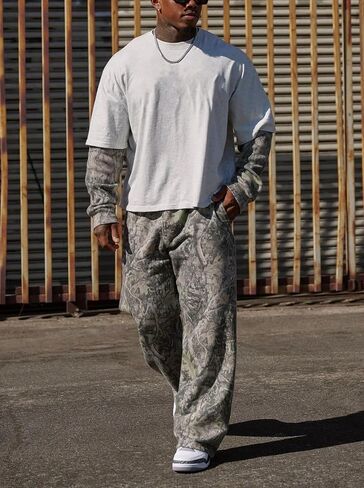 Mens Camo Graphic Leaf Print Baggy Sweatpants Joggers Casual Elastic Waist Wide Leg Trousers Y2K Streetwear Pants in Kuwait