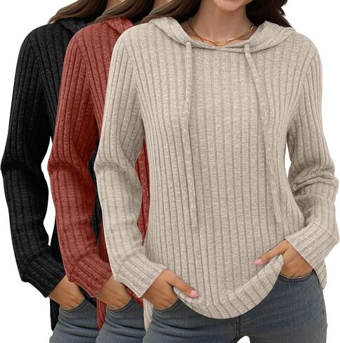 Huukeay 3 Pack Hoodies for Women Lightweight Sweaters Long Sleeve Top Ribbed Knit Hooded Workout Sweatshirts Pullover in Saudi Arabia