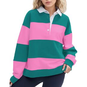 البلوزات النسائية بولو مخططة كتلة اللون قميص الرجبي قميص الرجبي المتضخم طويلة الأكمام طية صدر السترة Corllared البلوزات in Kuwait