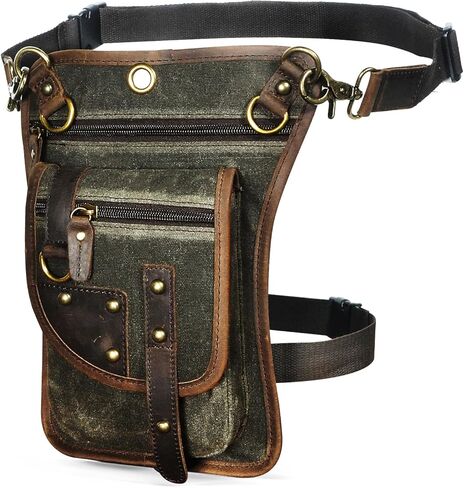 Water Resistant Canvas + Leather Motorcycle Travel Fanny Waist Pack Drop Thigh Leg Bag Pouch For Men Women FB2141 (100% Genuine Leather-C-Blue) in Kuwait