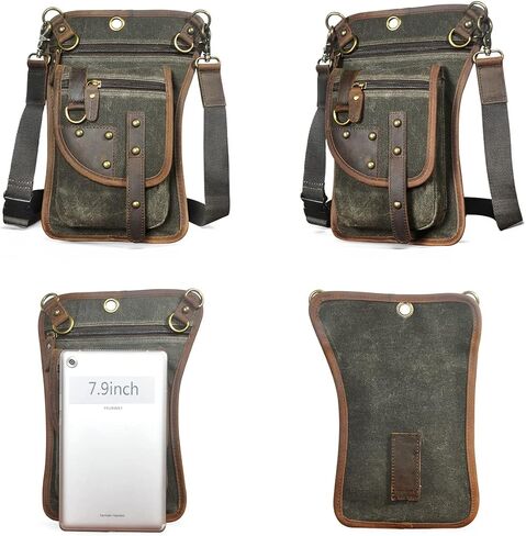 Water Resistant Canvas + Leather Motorcycle Travel Fanny Waist Pack Drop Thigh Leg Bag Pouch For Men Women FB2141 (100% Genuine Leather-C-Blue) in Kuwait