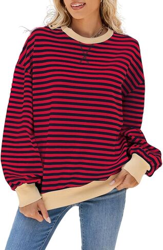 المرأة مخطط المتضخم البلوز Crewneck هوديس قمصان طويلة الأكمام 2024 الخريف البلوز القمم ملابس الموضة العصرية in Kuwait