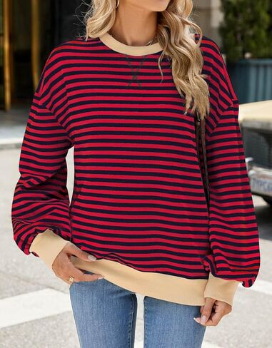 المرأة مخطط المتضخم البلوز Crewneck هوديس قمصان طويلة الأكمام 2024 الخريف البلوز القمم ملابس الموضة العصرية in Kuwait