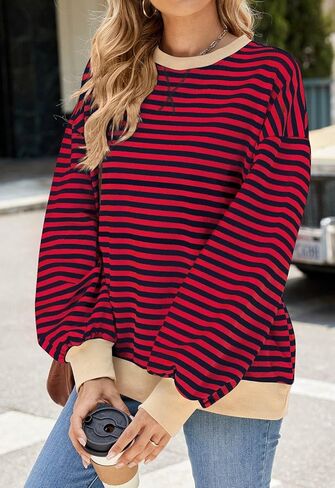 المرأة مخطط المتضخم البلوز Crewneck هوديس قمصان طويلة الأكمام 2024 الخريف البلوز القمم ملابس الموضة العصرية in Kuwait
