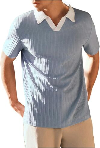 OYOANGLE Men's Textured Collar V Neck Shirts Short Sleeve Tennis Golf Shirt Casual Office Work Top in Saudi Arabia