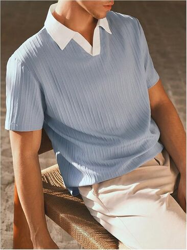 OYOANGLE Men's Textured Collar V Neck Shirts Short Sleeve Tennis Golf Shirt Casual Office Work Top in Saudi Arabia