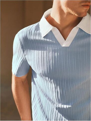 OYOANGLE Men's Textured Collar V Neck Shirts Short Sleeve Tennis Golf Shirt Casual Office Work Top in Saudi Arabia