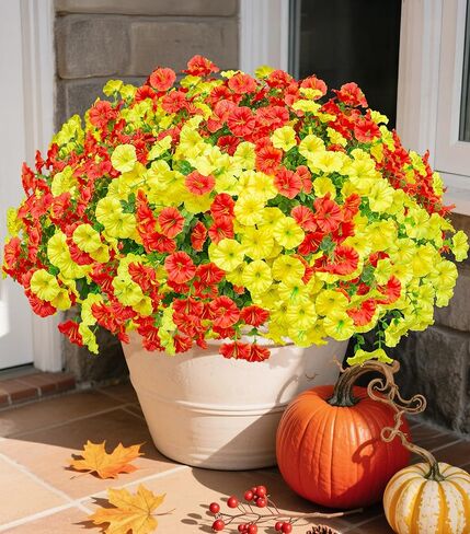 Ivydale Artificial Fake Fall Autumn Plants Flowers for Outdoor Outside, 12 Bundles Faux Silk Orange Morning Glory UV Resistant Realistic for Home Planter Porch Yard Patio Balcony Decor in Kuwait