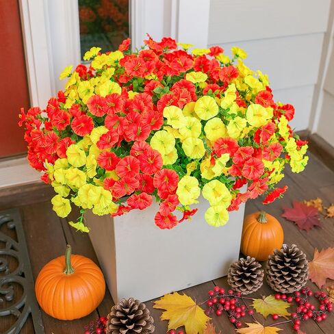 Ivydale Artificial Fake Fall Autumn Plants Flowers for Outdoor Outside, 12 Bundles Faux Silk Orange Morning Glory UV Resistant Realistic for Home Planter Porch Yard Patio Balcony Decor in Kuwait