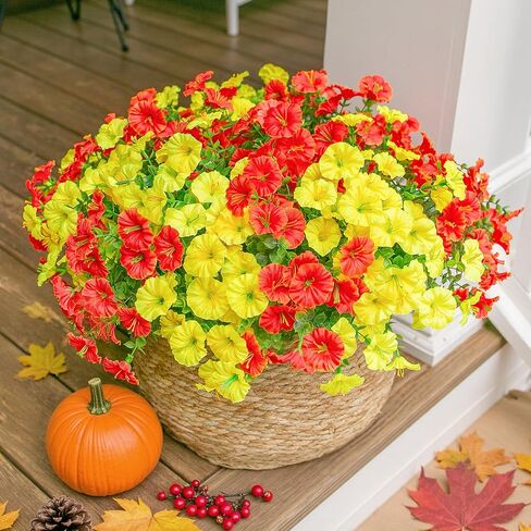 Ivydale Artificial Fake Fall Autumn Plants Flowers for Outdoor Outside, 12 Bundles Faux Silk Orange Morning Glory UV Resistant Realistic for Home Planter Porch Yard Patio Balcony Decor in Kuwait