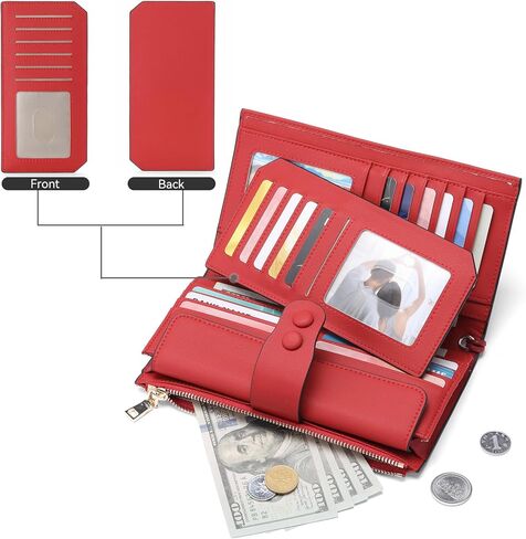 محفظة كبيرة من الجلد الطبيعي للنساء بخاصية حجب تحديد الهوية بموجات الراديو (RFID) ومنظم بطاقات متعددة (أحمر) in Saudi Arabia