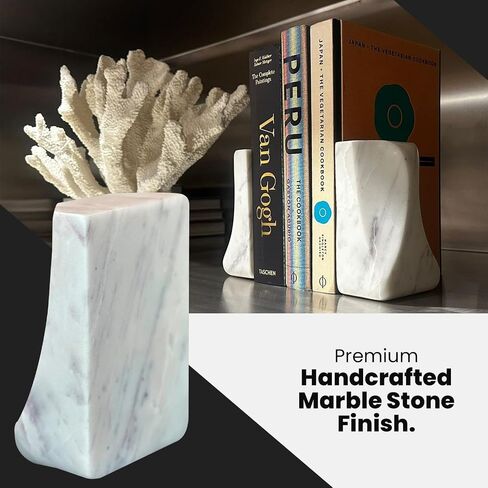 White Marble Bookends - Heavy Duty 9.8 lbs Stone Book Ends for Shelves, Modern Decorative Book Holder Set of 2 - Premium Handmade Marble Book Ends for Office, Library, or Home Decor in Saudi Arabia