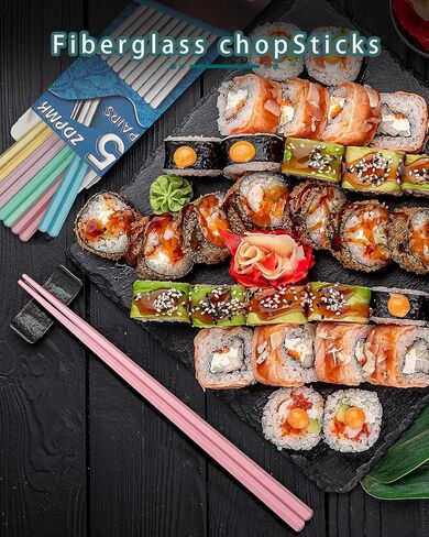 مجموعة 5 أزواج من أعواد الأكل الملونة المصنوعة من الألياف الزجاجية القابلة لإعادة الاستخدام، آمنة للاستخدام في غسالة الأطباق، مقاس 9.57 بوصة، تصميم ممتاز غير قابل للانزلاق مع حافظة - مثالية للمطبخ الياباني والكوري والصيني، هدية رائعة للحفلات in Kuwait