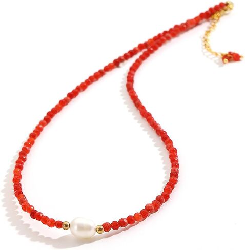 Flourisit Gemstone Beaded Necklace with Freshwater Pearl,Natural Handmade Irregular Pearl Necklace for Women,14k Gold Plated February Birthstone of Choker Gift for Mom, Girlfriend, Wife in Saudi Arabia