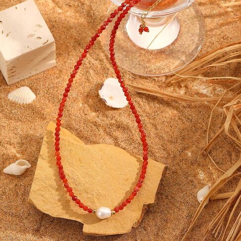 Flourisit Gemstone Beaded Necklace with Freshwater Pearl,Natural Handmade Irregular Pearl Necklace for Women,14k Gold Plated February Birthstone of Choker Gift for Mom, Girlfriend, Wife in Saudi Arabia