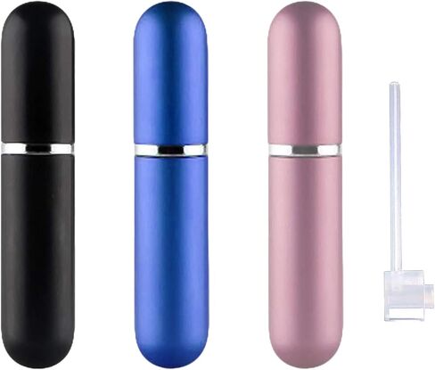 بخاخات عطر قابلة لإعادة التعبئة للسفر، 5 مل، 3 قطع زجاجات رذاذ صغيرة محمولة، مجموعة أنابيب مستديرة مع أداة منفصلة مسطحة، لرحلة العمل المنزلية (أسود + أزرق + شامبانيا) (4 قطع) in Kuwait