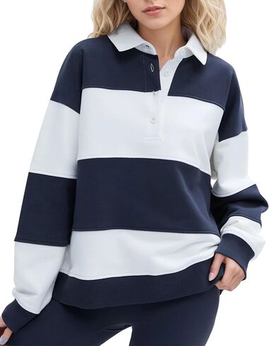 Womens Striped Color Block Polo Sweatshirt Rugby Shirt Oversized Long Sleeve Lapel Corllared Pullover Blouses in Kuwait