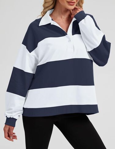 Womens Striped Color Block Polo Sweatshirt Rugby Shirt Oversized Long Sleeve Lapel Corllared Pullover Blouses in Kuwait